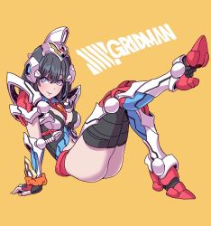 Rule 34 | 10s, 1girl, arm support, armor, armored boots, ass, black gloves, black hair, black thighhighs, blue eyes, blush, boots, breasts, cleavage, closed mouth, clothing cutout, commentary request, copyright name, fingerless gloves, gloves, gridman universe, headgear, highres, leg up, long hair, looking at viewer, navel, navel cutout, orange scrunchie, pauldrons, scrunchie, shoulder armor, simple background, sitting, smile, solo, ssss.gridman, takarada rikka, thighhighs, thighs, vambraces, white armor, wrist scrunchie, yamashita shun&#039;ya, yellow background
