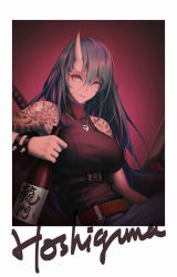 Rule 34 | 1girl, arknights, belt, black shirt, bottle, breasts, brown belt, character name, chinese commentary, commentary request, grey hair, hair between eyes, highres, holding, holding bottle, horns, hoshiguma (arknights), hoshiguma (ronin huntress) (arknights), jewelry, large breasts, long hair, looking at viewer, magatama, magatama necklace, necklace, official alternate costume, parted lips, red background, sake bottle, shirt, single horn, solo, tassos, upper body, yellow eyes