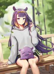 Rule 34 | 1girl, absurdres, bench, black shorts, blue eyes, blunt bangs, blurry, commentary, depth of field, edchi, english commentary, falling leaves, gradient hair, highres, holding, holding own hair, hololive, hololive english, hood, hoodie, leaf, long hair, looking at viewer, multicolored hair, ninomae ina&#039;nis, orange hair, pointy ears, purple hair, short shorts, shorts, sitting, solo, takodachi (ninomae ina&#039;nis), tentacle hair, tentacles, very long hair, virtual youtuber, white hoodie, wooden bench