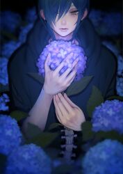 Rule 34 | 1boy, 2n5, androgynous, blue hair, flower, highres, holding, holding flower, lilac, looking at another, medium hair, original, parted lips, purple flower, wisteria, yellow eyes