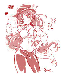 Rule 34 | 1girl, absurdres, blush, breast pocket, breasts, cleavage, fedora, flower, hand on own hip, hat, hat ribbon, hat tip, heart, highres, long hair, looking at viewer, medium breasts, monochrome, one eye closed, open mouth, oshiro project:re, oshiro project:re, pants, pena palace (oshiro project), pocket, ponytail, red hair, ribbon, rose, rutia073, simple background, sketch, solo, standing, star-shaped pupils, star (symbol), symbol-shaped pupils, translation request, twitter username, white background