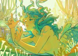 Rule 34 | 1girl, animal ears, beads, blue eyes, blue hair, breasts, colored skin, commentary, coral, coral reef, fins, fishing hook, floating hair, green hair, head fins, highres, long hair, looking ahead, mermaid, monster girl, nail polish, nature, nipples, nude, original, parted lips, reaching, scales, solo, symbol-only commentary, underwater, upper body, webbed hands, ya0n0524, yellow skin, yellow theme
