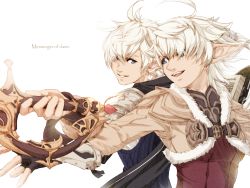 Rule 34 | 1boy, 1girl, ahoge, alisaie leveilleur, alphinaud leveilleur, androgynous, antenna hair, armor, back-to-back, book, brother and sister, commentary request, earclip, elezen, elf, english text, fighting stance, final fantasy, final fantasy xiv, fingerless gloves, fur trim, gloves, hands up, highres, holding, holding book, holding sword, holding weapon, long sleeves, looking at another, mihira (tainosugatayaki), open mouth, outstretched arm, outstretched arms, parted bangs, parted lips, pointy ears, red mage (final fantasy), scarf, short hair, shoulder armor, siblings, sidelocks, smile, spread arms, summoner (final fantasy), sword, twins, upper body, vest, weapon, white hair