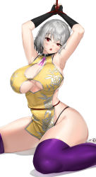 Rule 34 | 1girl, absurdres, armpits, arms up, artier&#039;s character, black gloves, blade &amp; soul, blush, bound, bound wrists, breasts, china dress, chinese clothes, cleavage, commission, dress, fang, fingerless gloves, gloves, highres, large breasts, looking at viewer, mole, mole on breast, open mouth, pixel (yuxian), pixiv commission, purple thighhighs, red eyes, rope, short hair, silver hair, simple background, sitting, solo, thighhighs, wariza, white background