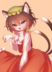Rule 34 | 1girl, :3, :d, absurdres, animal ears, blush, bow, bowtie, brown hair, cat ears, cat tail, chen, dress, e sdss, earrings, fang, frills, from side, green hat, hair between eyes, hat, highres, jewelry, long sleeves, looking at viewer, mob cap, multiple tails, nail polish, nekomata, open mouth, red nails, red skirt, shirt, short hair, single earring, skirt, skirt set, smile, solo, tail, touhou, two tails, white bow, white shirt