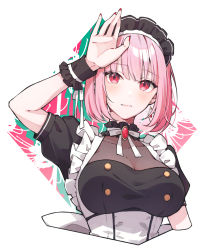 Rule 34 | 1girl, alternate costume, alternate hair length, alternate hairstyle, apron, arm up, black dress, blush, bow, bowtie, breasts, brooch, buttons, cleavage, closed mouth, collar, collarbone, commentary, cropped torso, detached sleeves, double-breasted, dress, earrings, english commentary, enmaided, eyebrows hidden by hair, framed breasts, frilled collar, frilled cuffs, frilled dress, frills, gem, highres, hololive, hololive english, jewelry, large breasts, looking at viewer, maid, maid apron, maid headdress, mori calliope, nail polish, neck ribbon, pink hair, puunyannyan, red eyes, red gemstone, red nails, ribbon, short hair, short sleeves, simple background, solo, tsurime, upper body, virtual youtuber, white apron, white background, white ribbon, wrist cuffs