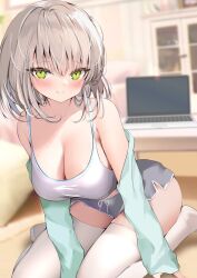 Rule 34 | 1girl, bare shoulders, blurry, blurry background, blush, breasts, camisole, cleavage, closed mouth, collarbone, commentary request, computer, depth of field, green eyes, green jacket, grey hair, grey shorts, hair between eyes, indoors, jacket, laptop, long sleeves, looking at viewer, medium breasts, no shoes, off shoulder, open clothes, open jacket, original, pon (ponidrop), short shorts, shorts, sleeves past wrists, smile, solo, table, thighhighs, white camisole, white thighhighs
