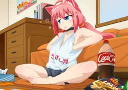 Rule 34 | 1girl, ahoge, animal ears, barefoot, bedroom, blue eyes, blush, cat ears, chips (food), choker, coca-cola, commentary request, feet, flat chest, food, hand under clothes, hand under shirt, hinata channel, indian style, iromeki overdrive, long hair, low twintails, nekomiya hinata, pillow, pink hair, potato chips, shirt, shorts, sitting, solo, tank top, tissue box, toes, twintails, virtual youtuber
