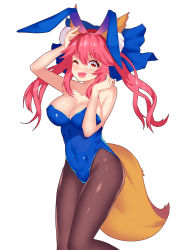 Rule 34 | 1girl, ;d, animal ear fluff, animal ears, arm up, bare arms, bare shoulders, blue leotard, breasts, brown pantyhose, cleavage, collarbone, covered navel, fake animal ears, fangs, fate/grand order, fate (series), fox ears, fox girl, fox tail, hair between eyes, hair ribbon, hand up, highres, large breasts, leotard, long hair, looking at viewer, one eye closed, open mouth, pantyhose, pink hair, playboy bunny, rabbit ears, ratio (ratio-d), ribbon, simple background, smile, solo, standing, tail, tamamo (fate), tamamo no mae (fate/extra), white background, yellow eyes