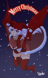 Rule 34 | 1girl, bat wings, bell, boots, breasts, cleavage, demon girl, dress, flying, gloves, hat, high heels, large breasts, lilirulu, long hair, mabinogi, merry christmas, red eyes, see-through, shoes, silver hair, smile, solo, succubus (mabinogi), thigh boots, thighhighs, wings