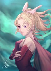 Rule 34 | 1girl, 2021, absurdres, blonde hair, bow, brown cape, cape, detached sleeves, dress, final fantasy, final fantasy vi, floating hair, from side, hair bow, hair intakes, high ponytail, highres, i a n, long hair, long sleeves, parted lips, pink bow, purple eyes, red dress, red sleeves, signature, solo, strapless, strapless dress, tina branford, upper body