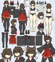 Rule 34 | 1girl, absurdres, animal ears, ash sarai, ass, black bra, black thighhighs, blush, bra, breasts, character sheet, cleavage, closed mouth, d-floe, fox ears, highres, large breasts, looking at viewer, original, pleated skirt, red skirt, sandals, skirt, smile, thick eyebrows, thighhighs, underwear