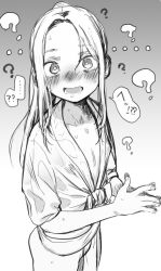 Rule 34 | ..., 1girl, ?, ??, blush, cowboy shot, gradient background, grey background, greyscale, haguhagu (rinjuu circus), highres, long hair, looking at viewer, monochrome, open mouth, original, ponytail, solo, spoken ellipsis, spoken question mark, standing, steepled fingers, wide-eyed
