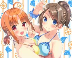 Rule 34 | 10s, 2girls, :d, alternate hairstyle, antenna hair, arm up, bare shoulders, bikini, bikini top only, blue bikini, blue eyes, blush, boat, bow, bow bikini, breast press, breasts, brown hair, cleavage, collarbone, commentary, female focus, food, frills, fruit, halterneck, kuro neko (38-21), looking at viewer, love live!, love live! sunshine!!, medium breasts, multiple girls, nail polish, open mouth, orange (fruit), orange hair, parted bangs, ponytail, red bow, red eyes, salute, scrunchie, sidelocks, sleeveless, smile, striped, striped background, swimsuit, symmetrical docking, takami chika, teeth, upper body, upper teeth only, v, watanabe you, watercraft, yellow bikini