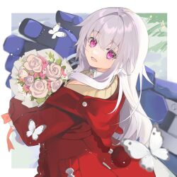 Rule 34 | 1girl, absurdres, bouquet, bug, butterfly, chinese commentary, clara (honkai: star rail), coat, commentary request, flower, highres, holding, holding bouquet, honkai: star rail, honkai (series), insect, long hair, open mouth, pink eyes, pink flower, red coat, smile, solo, svarog (honkai: star rail), white butterfly, white hair, yuki (miyuki kii)