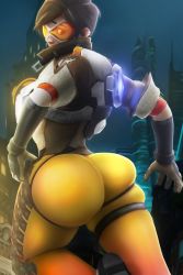 Rule 34 | 1girl, ass, bodysuit, breasts, brown eyes, brown hair, from behind, gloves, goggles, highres, huge ass, jacket, looking back, looking down, overwatch, overwatch 1, piercing, raikovjaba, short hair, skin tight, solo, thigh strap, tracer (overwatch)