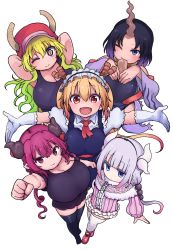 Rule 34 | 5girls, age difference, ascot, baseball cap, beads, black hair, black shirt, black tank top, blonde hair, blue eyes, blunt bangs, breasts, capelet, child, cleavage, cool-kyou shinja, dragon girl, dragon horns, dragon tail, elbow gloves, elma (maidragon), female focus, flat chest, frilled capelet, frills, gloves, gradient hair, hair beads, hair ornament, hairband, hat, highres, horns, horns through headwear, huge breasts, ilulu (maidragon), kanna kamui, kobayashi-san chi no maidragon, large breasts, large tail, leotard, leotard under clothes, light purple hair, long hair, looking at viewer, low twintails, lucoa (maidragon), maid, maid headdress, multicolored hair, multiple girls, one eye closed, orange eyes, orange hair, pink eyes, pink hair, pink headwear, pointy ears, puffy short sleeves, puffy sleeves, shirt, short sleeves, shortstack, single horn, size difference, slit pupils, smile, tail, tank top, thighhighs, tohru (maidragon), twintails, unusually open eyes, white gloves, white legwear, yellow pupils