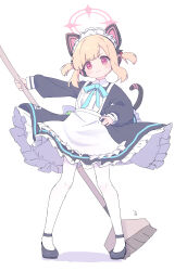 Rule 34 | 1girl, animal ear headphones, animal ears, apron, black footwear, blonde hair, blue archive, broom, cat ear headphones, cat tail, closed mouth, fake animal ears, fake tail, full body, halo, headphones, highres, holding, holding broom, looking at viewer, maid, maid headdress, momoi (blue archive), momoi (maid) (blue archive), official alternate costume, pantyhose, pink eyes, pink halo, ruten (onakasukusuku), shoes, short hair, smile, solo, standing, tail, white apron, white pantyhose