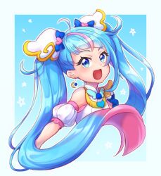 Rule 34 | 1girl, blue eyes, blue hair, commentary, cropped torso, cure sky, cut bangs, detached sleeves, dress, earrings, gradient hair, hirogaru sky! precure, jewelry, long hair, looking at viewer, magical girl, multicolored hair, multiwhite, open mouth, pink hair, precure, puffy detached sleeves, puffy sleeves, single sidelock, sleeveless, sleeveless dress, smile, solo, star (symbol), streaked hair, twintails, two-tone hair, very long hair, white dress, wing hair ornament