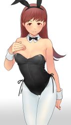 Rule 34 | 1girl, animal ears, bare shoulders, black bow, black bowtie, bow, bowtie, breasts, brown eyes, brown hair, detached collar, fake animal ears, frown, gradient background, grey background, hand on own chest, kantai collection, leotard, long hair, looking to the side, medium breasts, ooi (kancolle), pantyhose, playboy bunny, rabbit ears, simple background, solo, strapless, strapless leotard, tooku nomura (artist), white background, white leotard, wrist cuffs