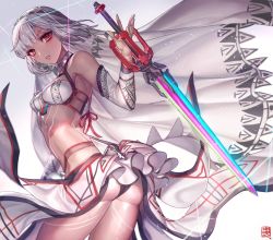 Rule 34 | &gt;:(, 1girl, altera (fate), armpits, ass, bare shoulders, black panties, box (hotpppink), breasts, cowboy shot, dark-skinned female, dark skin, detached sleeves, fate/grand order, fate (series), from side, frown, groin, highres, holding, holding sword, holding weapon, looking at viewer, looking to the side, panties, parted lips, photon ray (fate), red eyes, short hair, silver hair, skirt, small breasts, solo, stomach, sword, underwear, v-shaped eyebrows, veil, weapon, white skirt