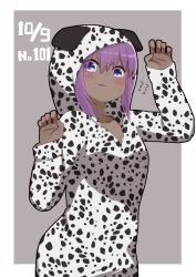 Rule 34 | 1girl, animal costume, arm up, blush, claw pose, collarbone, commentary request, dalmatian print, dark-skinned female, dark skin, dated, dog costume, fate/prototype, fate/prototype: fragments of blue and silver, fate (series), flying sweatdrops, grey background, hair between eyes, hand up, hassan of serenity (fate), highres, i.u.y, long sleeves, looking at viewer, parted lips, purple eyes, purple hair, sleeves past wrists, solo, standing, two-tone background, white background