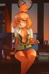 Rule 34 | 1girl, absurdres, animal crossing, animal ears, arm support, artist name, bell, blonde hair, blue skirt, blush, book, bookshelf, breasts, clock, clothes lift, collarbone, dated, desk, dog ears, english text, female focus, flashing, furry, furry female, glasses, green eyes, green vest, hair bell, hair ornament, hair tie, half-closed eyes, hand up, highres, indoors, isabelle (animal crossing), jingle bell, lifted by self, looking at viewer, medium breasts, nintendo, no bra, no panties, on desk, open clothes, open shirt, partially visible vulva, pussy, pussy peek, red-framed eyewear, shirt, short hair, short sleeves, signature, sitting, skirt, skirt lift, solo, sy noon, topknot, unbuttoned, uncensored, vest, white shirt