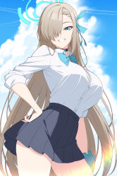 Rule 34 | 1girl, asuna (blue archive), black choker, black skirt, blonde hair, blue archive, blue bow, blue bowtie, blue eyes, blue sky, bow, bowtie, breasts, choker, cloud, collared shirt, cowboy shot, day, grin, hair over one eye, halo, hand on own hip, highres, large breasts, lens flare, long hair, long sleeves, looking at viewer, miniskirt, outdoors, pleated skirt, rin ateria, school uniform, shirt, shirt tucked in, skirt, sky, smile, solo, teeth, thighs, very long hair, white shirt