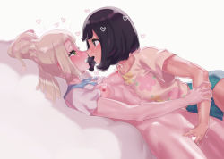 Rule 34 | 2girls, black eyes, black hair, blonde hair, blush, bottomless, breasts, censored, commentary request, creatures (company), eye contact, fingering, floral print, game freak, green eyes, heart, heart censor, lillie (pokemon), long hair, looking at another, lying, medium breasts, mizuumi (bb), multiple girls, nintendo, no headwear, on back, open mouth, pokemon, pokemon sm, print shirt, selene (pokemon), shirt, short hair, simple background, sweat, white background, white shirt, yellow shirt, yuri