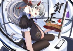 Rule 34 | 1girl, absurdly long hair, absurdres, apron, asymmetrical horns, azur lane, black dress, breasts, brown pantyhose, center opening, dress, earrings, from side, gloves, grey eyes, grey hair, hakuryuu (azur lane), hakuryuu (slice dice and serve) (azur lane), half gloves, highres, holding, holding tray, horns, jewelry, large breasts, long hair, looking at viewer, mikai 2035, mismatched horns, multiple horns, official alternate costume, open mouth, pantyhose, puffy short sleeves, puffy sleeves, red horns, short sleeves, solo, sword, tray, very long hair, weapon, white apron, white gloves
