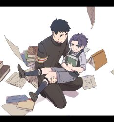 Rule 34 | 2boys, ace attorney, aged down, armband, barok van zieks, black hair, black jacket, black pants, black socks, book, book stack, buttons, closed mouth, full body, holding, holding book, jacket, letterboxed, long sleeves, looking away, male focus, multiple boys, officinale t, open book, pants, purple hair, ryunosuke naruhodo, shirt, short hair, simple background, sitting, socks, sweatdrop, the great ace attorney, white background