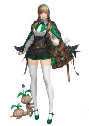 Rule 34 | 1girl, absurdres, bag, belt, black jacket, black shorts, blue eyes, bow, bowtie, breasts, brown bag, brown belt, brown hair, closed mouth, collared shirt, daeho cha, fingernails, flower, full body, green bow, green bowtie, green footwear, green hairband, hairband, high-waist shorts, high heels, highres, jacket, jacket on shoulders, leaf, long hair, long sleeves, looking at viewer, medium breasts, oceans&amp;empires, official art, parted bangs, purple flower, red lips, shirt, shorts, signature, simple background, solo, standing, suspender shorts, suspenders, thighhighs, twintails, white background, white shirt, white thighhighs, zettai ryouiki