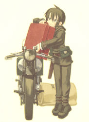 Rule 34 | 00s, 1girl, androgynous, hermes (kino no tabi), highres, holster, kino (kino no tabi), kino no tabi, kuroboshi kouhaku, motor vehicle, motorcycle, official art, pouch, scan, short hair, simple background, sleeping bag, solo, suitcase, tagme, vehicle, white background