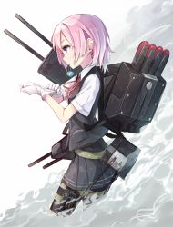 Rule 34 | 10s, 1girl, adjusting clothes, adjusting gloves, belt, blue eyes, cannon, gloves, gun, hair down, hair ornament, highres, kantai collection, kojiki-life, mouth hold, neck ribbon, personification, pink hair, red ribbon, ribbon, school uniform, shiranui (kancolle), short sleeves, skirt, solo, vest, weapon, white gloves