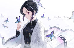 Rule 34 | 1girl, animal, artist name, belt, black hair, breasts, bug, butterfly, butterfly hair ornament, butterfly on hand, character name, closed mouth, commentary request, dated, hair ornament, haori, bug, japanese clothes, kimetsu no yaiba, kochou shinobu, long sleeves, purple eyes, sheath, sheathed, snozaki, solo, sword, uniform, upper body, weapon