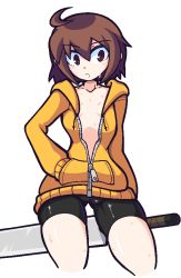 Rule 34 | 1girl, ahoge, average-hanzo, bike shorts, blush, breasts, brown eyes, brown hair, cameltoe, cleft of venus, collarbone, cowboy shot, gluteal fold, hand in pocket, hip focus, hood, hoodie, jaggy lines, linne (under night in-birth), long sleeves, looking down, simple background, skindentation, slit pupils, small breasts, solo, sweat, sweater, sword, thigh gap, thighs, under night in-birth, unzipped, weapon, white background, zipper