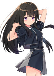Rule 34 | 1girl, absurdres, ao (flowerclasse), arm behind head, arm up, black dress, black hair, blush, closed mouth, commentary request, dress, hand up, highres, inoue takina, long hair, lycoris recoil, pleated dress, puffy short sleeves, puffy sleeves, purple eyes, school uniform, short sleeves, simple background, solo, v-shaped eyebrows, very long hair, white background