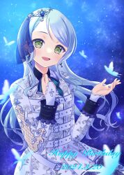 Rule 34 | 1girl, absurdres, bang dream! girls band party!, dated, green eyes, green hair, happy birthday, highres, hikawa sayo, long hair, open mouth, osumi izumi, smile, solo, standing