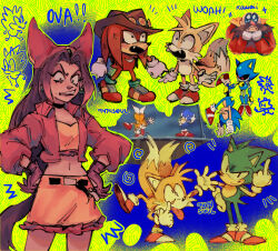 Rule 34 | 1girl, 5boys, 9474s0ul, akanbe, animal ears, animal nose, black eyes, brown hair, brown headwear, cat tail, choker, closed eyes, closed mouth, cowboy hat, crop top, derivative work, dr. eggman, earrings, eyelid pull, facial hair, fang, fox boy, fox ears, fox tail, furry, furry male, gloves, hands on own hips, hat, highres, jacket, jewelry, knuckles the echidna, long hair, long sleeves, looking at another, metal sonic, middle finger, multiple boys, multiple tails, mustache, navel, open clothes, open jacket, open mouth, pink jacket, red footwear, reference inset, robot, sara (sonic), screencap inset, screencap redraw, shoes, skirt, smile, sonic (series), sonic the hedgehog, sonic the hedgehog (classic), sonic the hedgehog (ova), standing, standing on one leg, tail, tails (sonic), tongue, tongue out, two tails, upside-down, very big eyes, white gloves, yellow background, yellow fur, yellow skirt