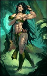 Rule 34 | 1girl, abs, biceps, black hair, breasts, elf, forest, highres, janrock, large breasts, long hair, midriff, muscular, muscular female, nature, navel, pointy ears, solo, tattoo, warhammer fantasy