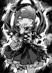 Rule 34 | 1girl, backpack, bag, black hair, closed eyes, curly hair, demon horns, denonbu, earrings, frills, gothic lolita, greyscale, heart, heart earrings, highres, horns, jewelry, jirai kei, kiato, lolita fashion, monochrome, open mouth, reml, shoes, smile, solo, standing, twintails