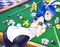Rule 34 | 1girl, animal ears, armband, ass, back, bare shoulders, bent over, blue hair, blush, breast hold, breasts, cue stick, fake animal ears, from behind, furiido (idobatakaigisho), hair ornament, hairclip, hinanawi tenshi, leotard, long hair, looking at viewer, low twintails, pantyhose, playboy bunny, poker chip, pool table, rabbit ears, rabbit tail, shiny clothes, shiny skin, sideboob, smile, solo, table, tail, touhou, twintails, yellow eyes