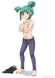 Rule 34 | 1girl, alternate breast size, artist name, barefoot, black panties, blush, breasts, clothes on floor, unworn clothes, dated, denim, hairband, highres, jeans, large breasts, luca (yu-gi-oh!), navel, panties, pants, shadow, shuffledyandere, simple background, toenails, topless, twintails, underwear, white background, yu-gi-oh!, yu-gi-oh! 5d&#039;s