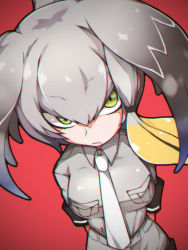 Rule 34 | 10s, 1girl, arms behind back, belt, blush, breast pocket, breasts, green eyes, grey hair, grey shirt, head wings, kemono friends, long hair, looking at viewer, low ponytail, makina00, multicolored hair, necktie, pocket, ponytail, shirt, shoebill (kemono friends), short sleeves, shorts, simple background, solo, wings