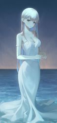 Rule 34 | 1girl, absurdres, aurora, bare shoulders, breasts, cleavage, collarbone, dress, highres, long hair, looking at viewer, nea (nea 77), night, night sky, ocean, original, own hands together, sky, solo, spaghetti strap, standing, star (sky), starry sky, strap slip, white dress, white hair