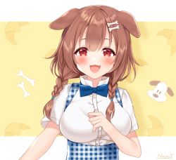 Rule 34 | 1girl, :3, alternate costume, animal ears, apron, blouse, blue apron, blue bow, blue bowtie, blunt bangs, blush, bone hair ornament, bow, bowtie, braid, bread, breasts, brown eyes, brown hair, dog ears, dog girl, fangs, food, gingham apron, hair between eyes, hair ornament, hand on own chest, highres, hololive, inugami korone, large breasts, letterboxed, looking at viewer, low twin braids, naomi (fantasia), outside border, parted bangs, shirt, short sleeves, simple background, smile, solo, twin braids, upper body, virtual youtuber, white shirt, yellow background