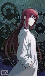 Rule 34 | 1girl, abstract background, artist name, blue background, blue eyes, brown hair, closed mouth, collar, firoro, from side, hair between eyes, lab coat, long hair, long sleeves, looking at viewer, looking to the side, makise kurisu, sidelocks, smile, solo, standing, steins;gate