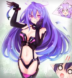 Rule 34 | 3girls, black gloves, black leotard, blue hair, blush, breasts, center opening, choker, cleavage, cleavage cutout, clothing cutout, d-pad, d-pad hair ornament, dominatrix, earrings, elbow gloves, female focus, giga-tera, gloves, grin, hair between eyes, hair ornament, hands up, happy, head tilt, highres, interlocked fingers, iris heart, jewelry, kami jigen game neptune v, large breasts, leotard, long hair, looking at viewer, midriff, multiple girls, navel, neptune (neptunia), neptune (series), noire (neptunia), open mouth, outdoors, own hands together, pink eyes, power symbol, power symbol-shaped pupils, purple hair, pururut, revealing clothes, ribbon, surprised, smile, solo focus, symbol-shaped pupils, trembling, tsundere, upper body, very long hair