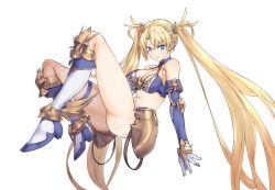 Rule 34 | 1girl, armor, ass, bare shoulders, bikini, bikini top only, blonde hair, blue eyes, boots, bradamante (fate), bradamante (third ascension) (fate), braid, breasts, cleavage, crown braid, depo (typebaby505), elbow gloves, fate/grand order, fate (series), faulds, gloves, long hair, medium breasts, midriff, navel, simple background, solo, swimsuit, thighs, twintails, white background
