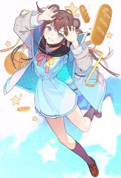 Rule 34 | 1girl, ahoge, animal ears, aqua eyes, arms up, blue jacket, bread, brown collar, brown footwear, brown hair, claw pose, collar, collarbone, commission, copyright request, fingernails, food, hair ornament, hairclip, highres, jacket, koyoi mitsuki, long hair, looking at viewer, multicolored clothes, multicolored eyes, multicolored jacket, nail polish, open clothes, open jacket, padded jacket, patterned, patterned background, pink eyes, pink nails, purple socks, skeb commission, smile, socks, solo, star (symbol), starry background, teeth, two-tone jacket, very long hair, virtual youtuber, white jacket